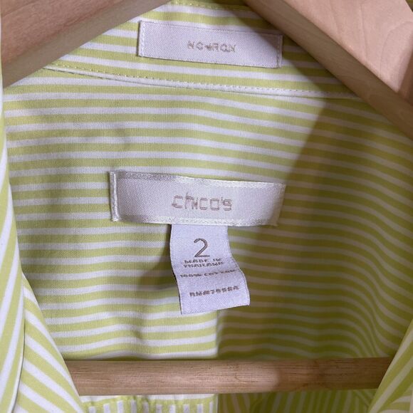 Chicos Women’s Sz 2 Large Lime Green White Stripe Button Down Blouse No Iron - Picture 3 of 5
